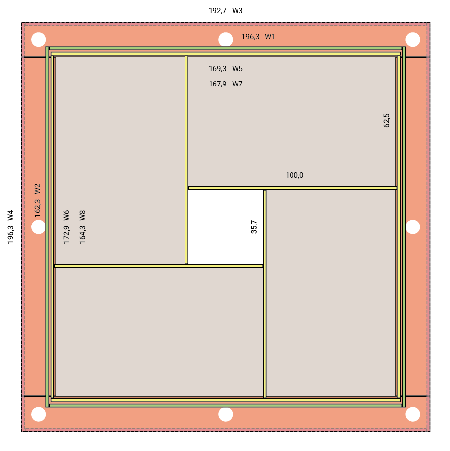 Grundriss eines quadratischen Deckensegels mit 4 Sektionen für Steinwolle in der handelsüblichen Größe.